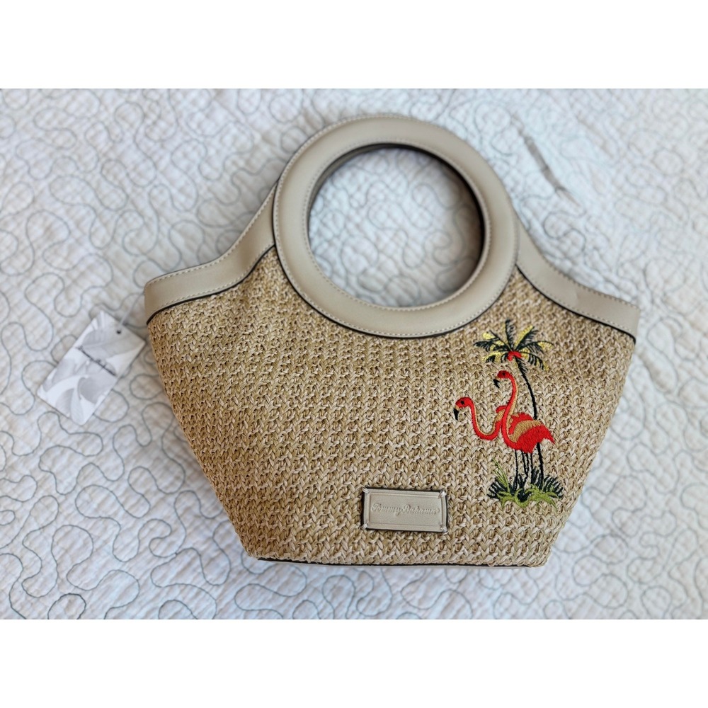 Tommy Bahama Flamingo Straw Tote Bag Beige Woven Tropical Beach Handbag‎